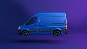 Rental van representation floating over a gradient background
