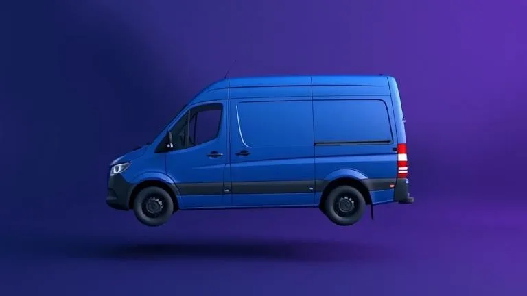 Rental van representation floating over a gradient background