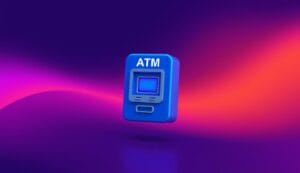 ATM icon floating over gradient background