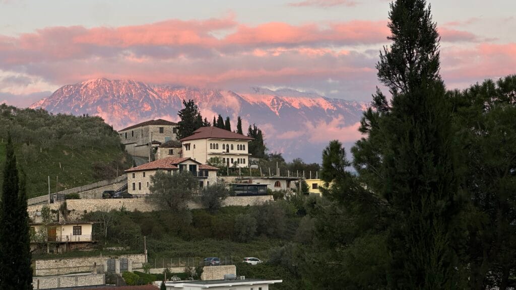Photo from the Berat Castle of Tomorr mountain and villas.