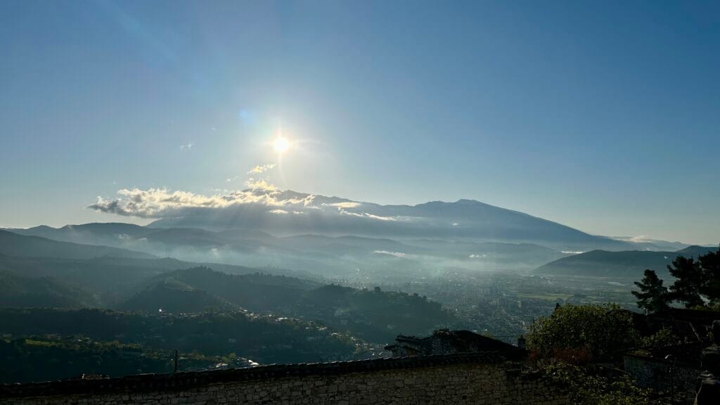 Hilltop photo with clouds in Berat