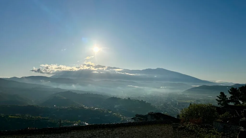 Hilltop photo with clouds in Berat