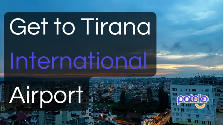 Photo of Tirana City at night with text overlaid that says 'Get to Tirana International Airport"