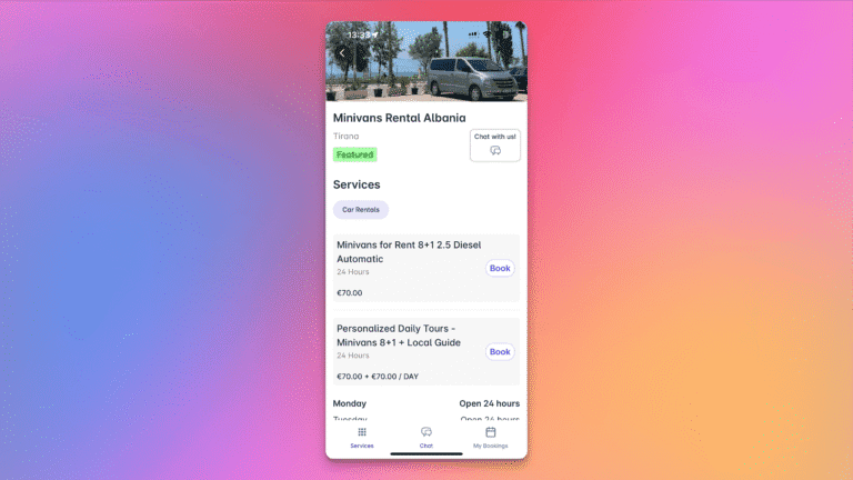 Screenshot of Mini van rentals via Patoko over a gradient background