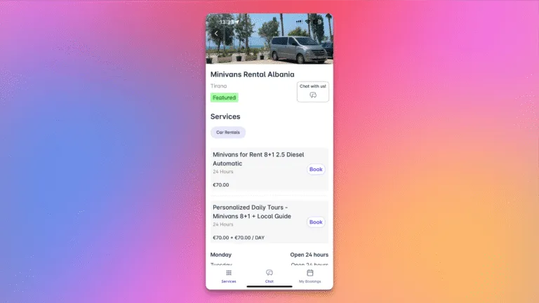 Screenshot of Mini van rentals via Patoko over a gradient background
