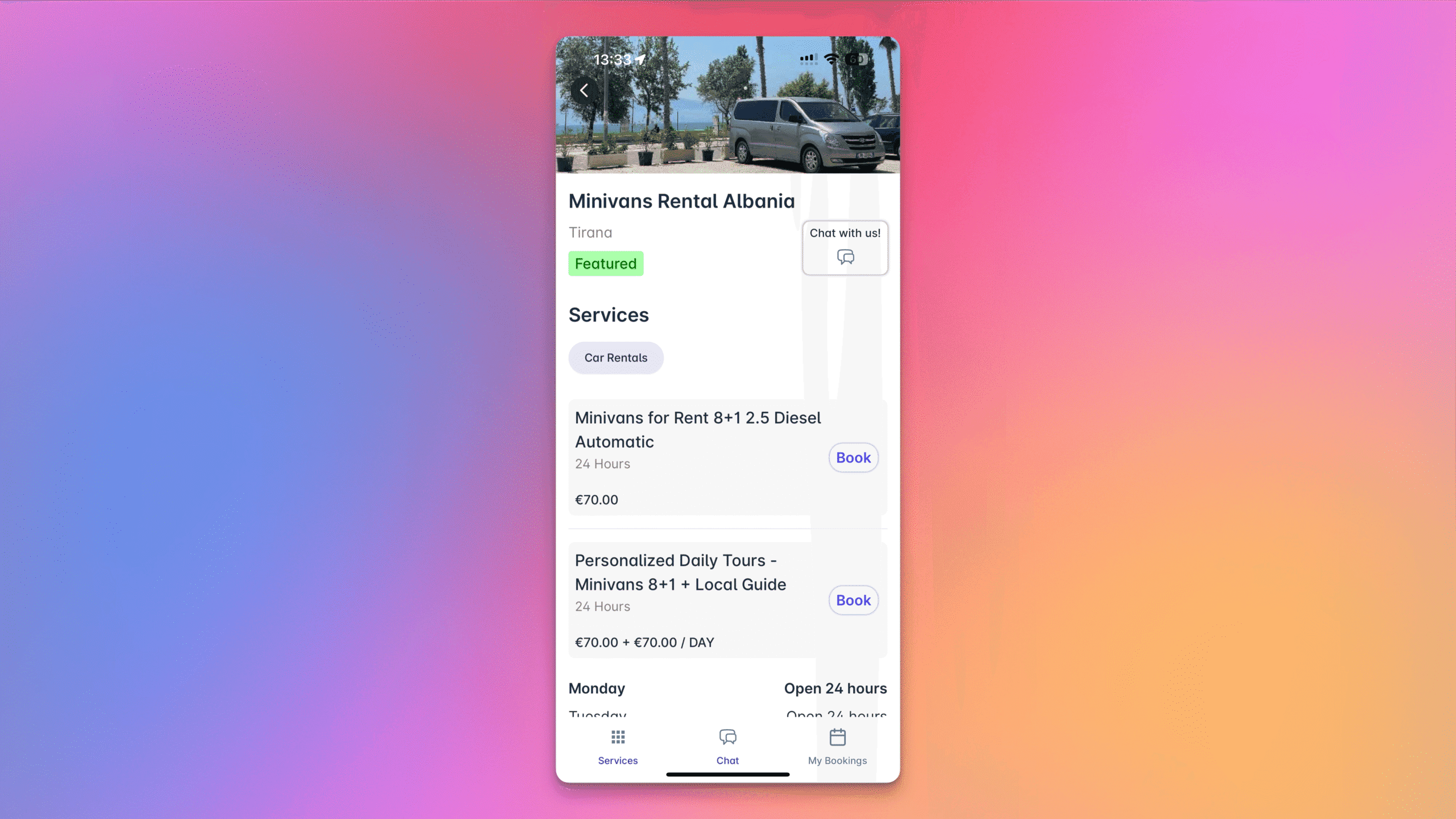 Screenshot of Mini van rentals via Patoko over a gradient background
