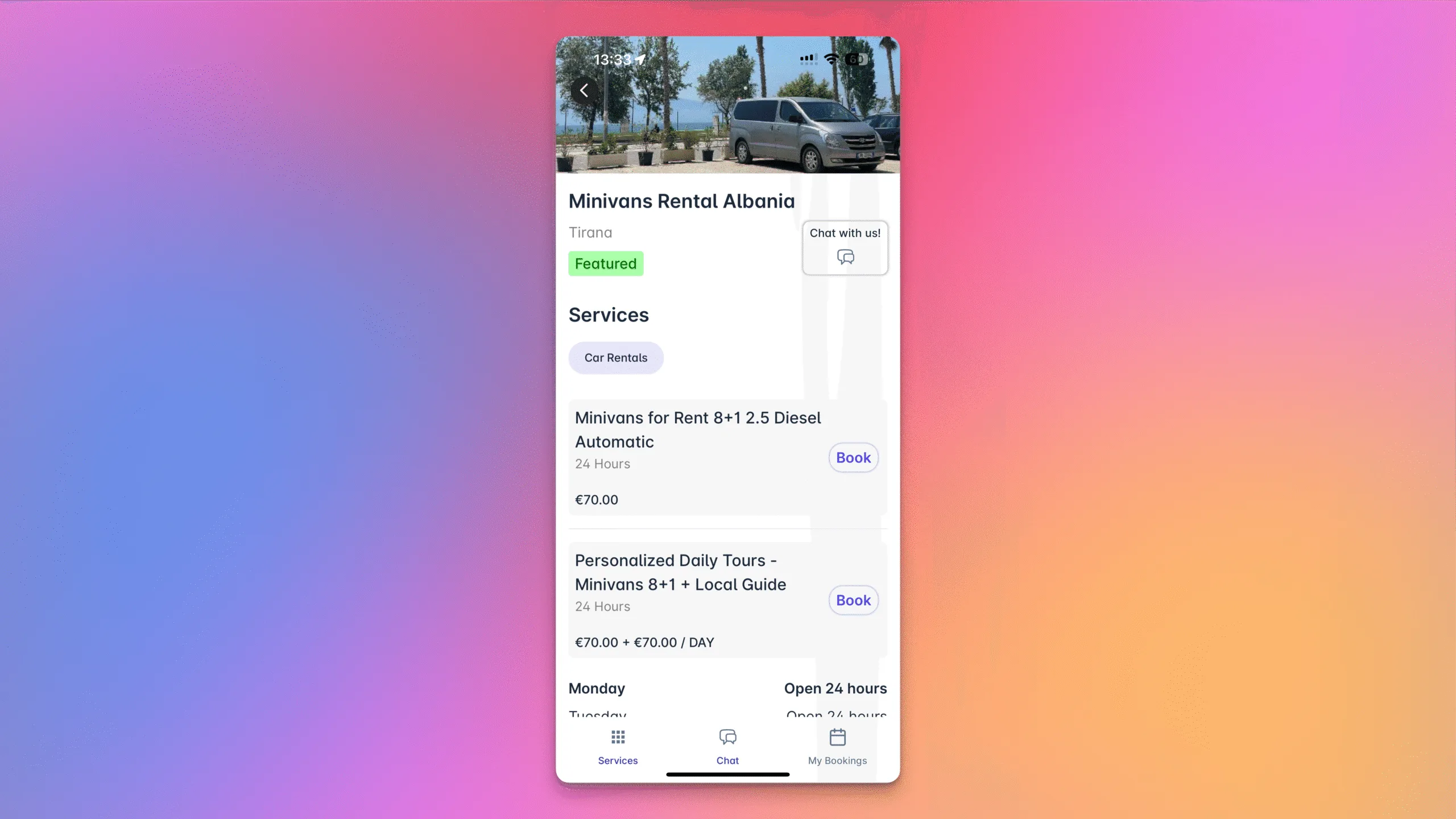 Screenshot of Mini van rentals via Patoko over a gradient background