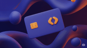Floating credit card over a 3d background, in Patoko brand colours (dark purples and oranges)