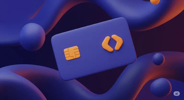 Floating credit card over a 3d background, in Patoko brand colours (dark purples and oranges)