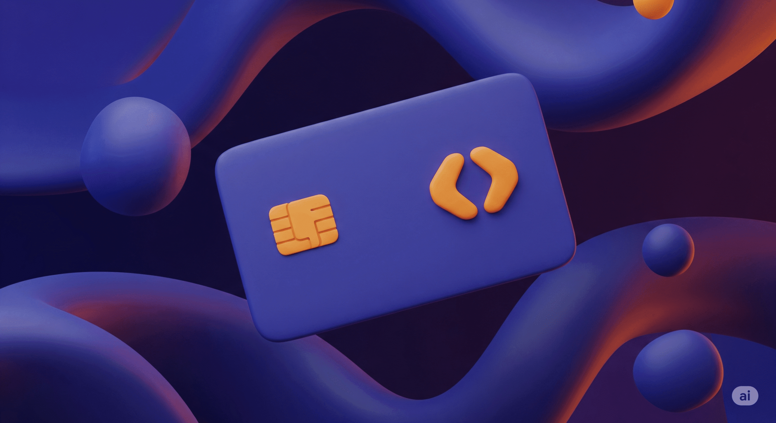 Floating credit card over a 3d background, in Patoko brand colours (dark purples and oranges)