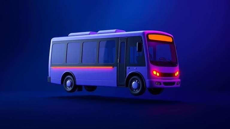 Festive bus floating over gradient background