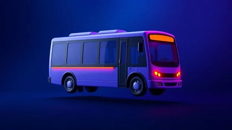 Festive bus floating over gradient background