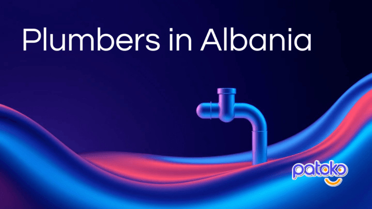 Gradient Background with "Plumbers in Albania" and the Patoko logo overlaid.