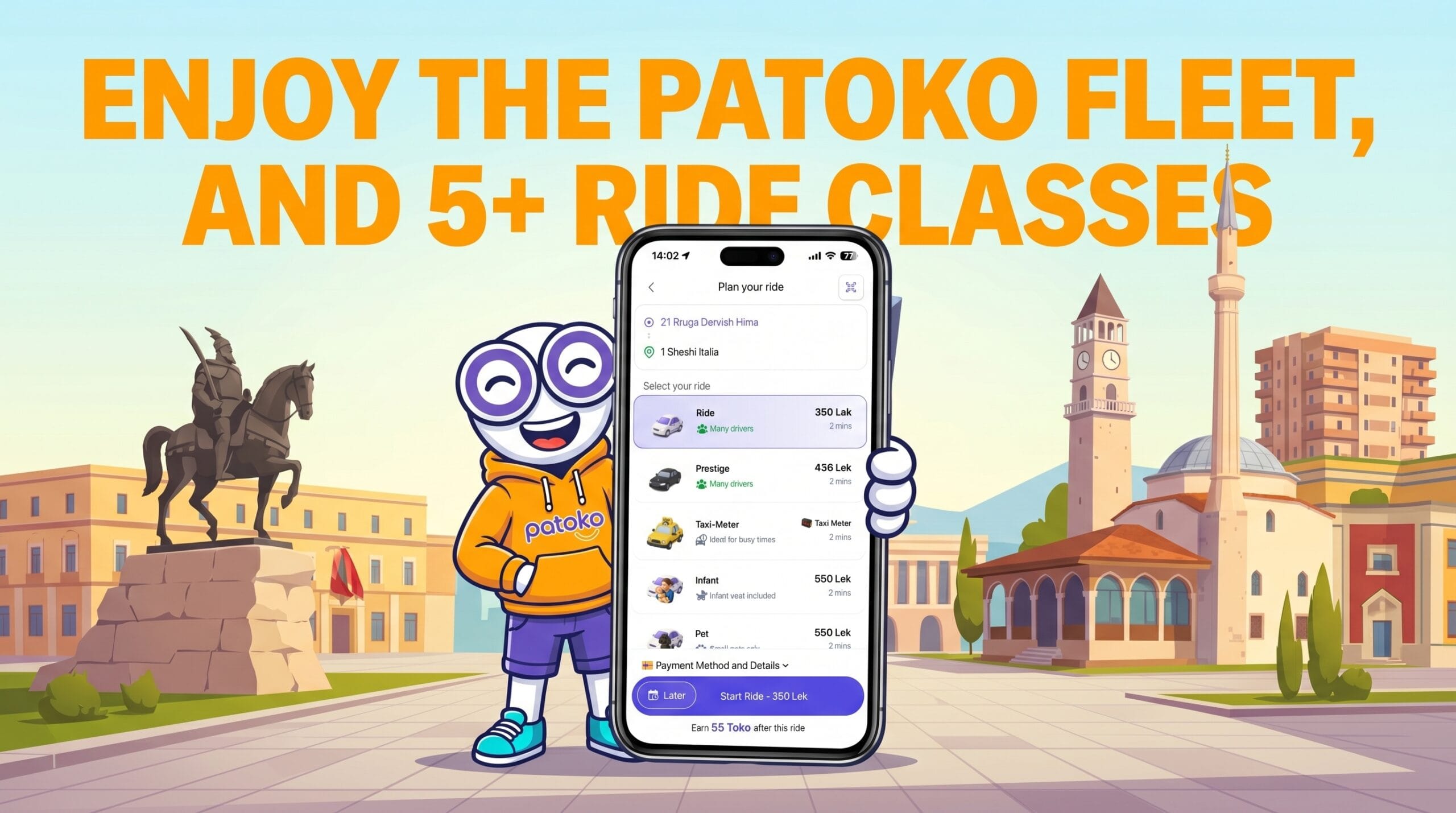 Patoko mascot holding up a phone with a screenshot of the ride classes available in-app