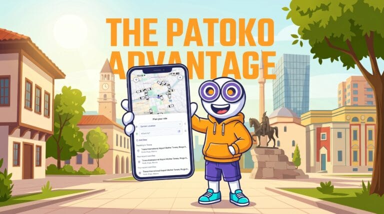 Patoko mascot holding up phone to camera showing the Patoko app, with Tirana city in background, and large text showing "The Patoko Advantage"