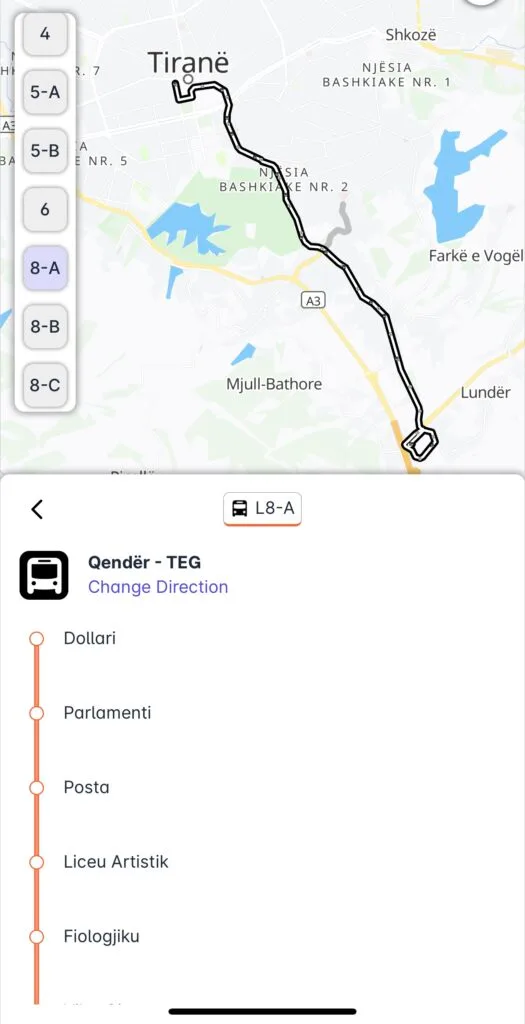 Bus Line Screenshot of bus line 8A to TEG.