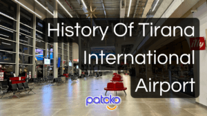 Photo of the inside of TIA's boarding area, with text overlaid that says "History of Tirana International Airport"