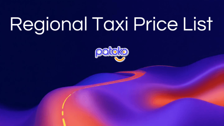 Gradient road going into distance with overlaid text saying 'Regional Taxi Price List' and the Patoko logo.