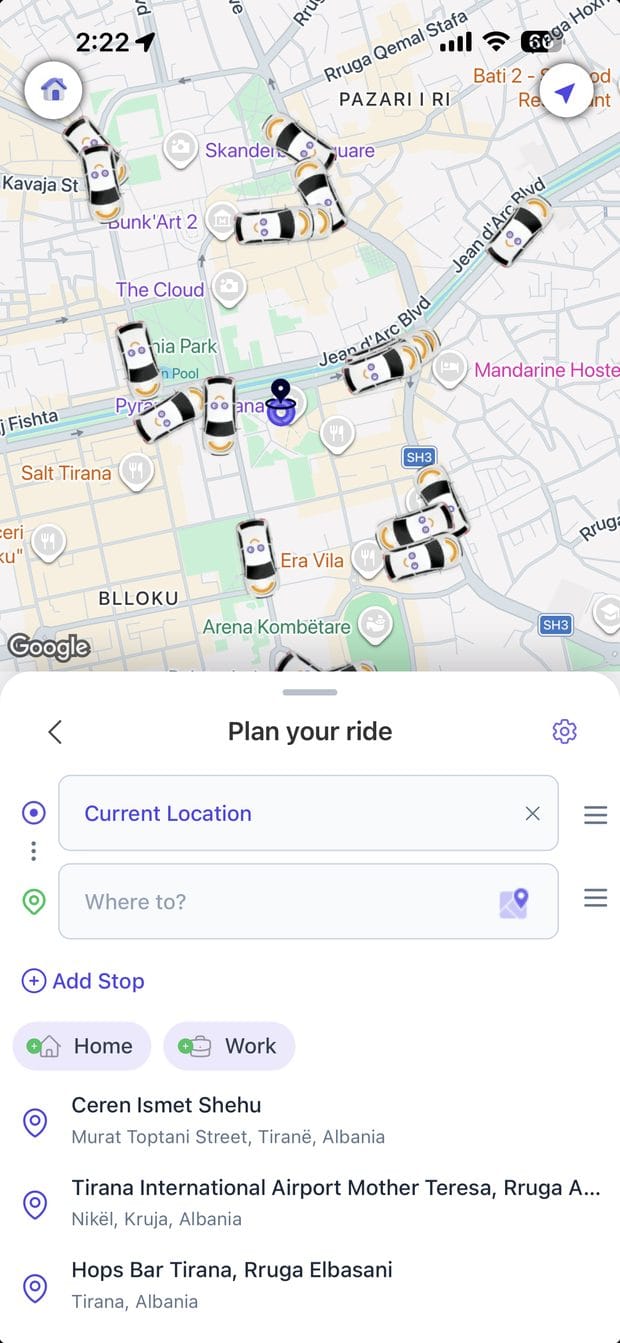 Patoko taxi app in Tirana: plan your ride screen with taxis on the map around Blloku and Skanderbeg Square