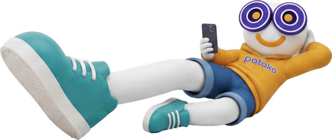 Toko, the Patoko mascot, relaxing with a phone
