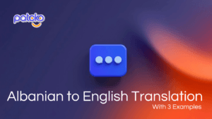 Gradient background in Patoko brand colours with an Icon and text saying "Albanian to English Translation" in large letters