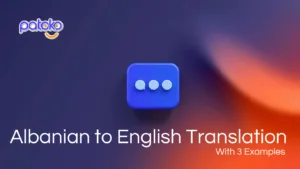 Gradient background in Patoko brand colours with an Icon and text saying "Albanian to English Translation" in large letters